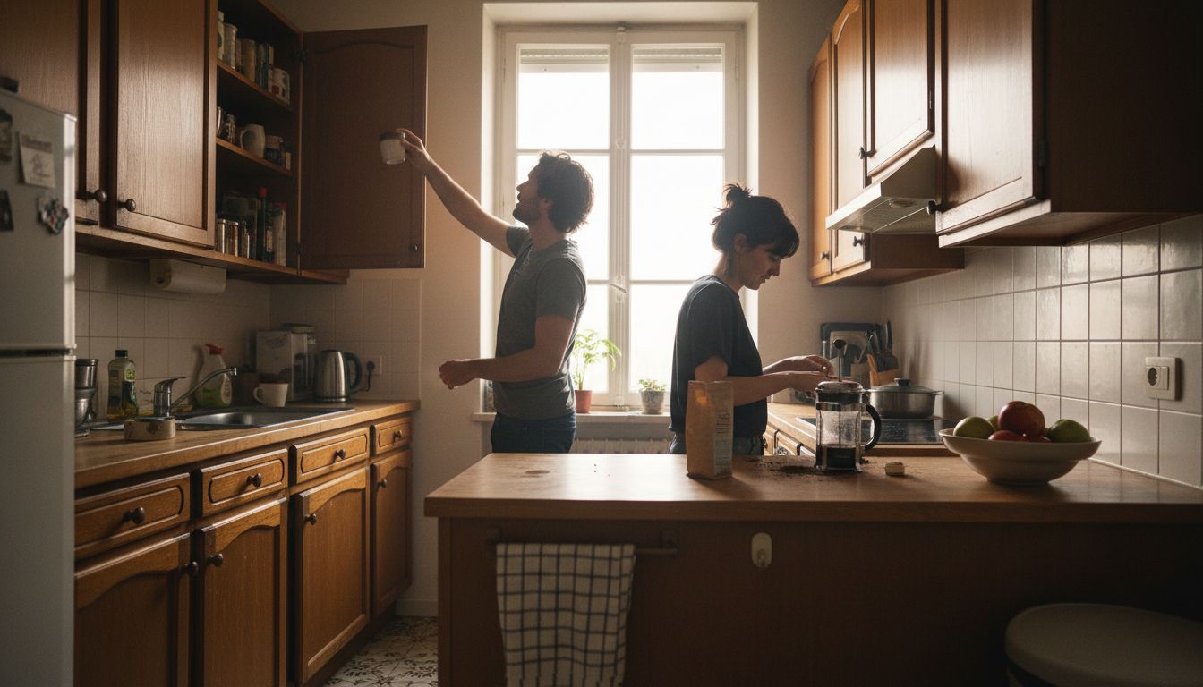 Couple in built-in cabinetry kitchen