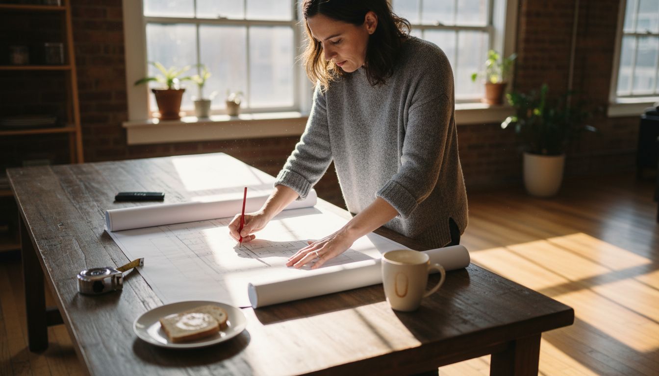 Woman reviewing kitchen blueprints in sunlit home