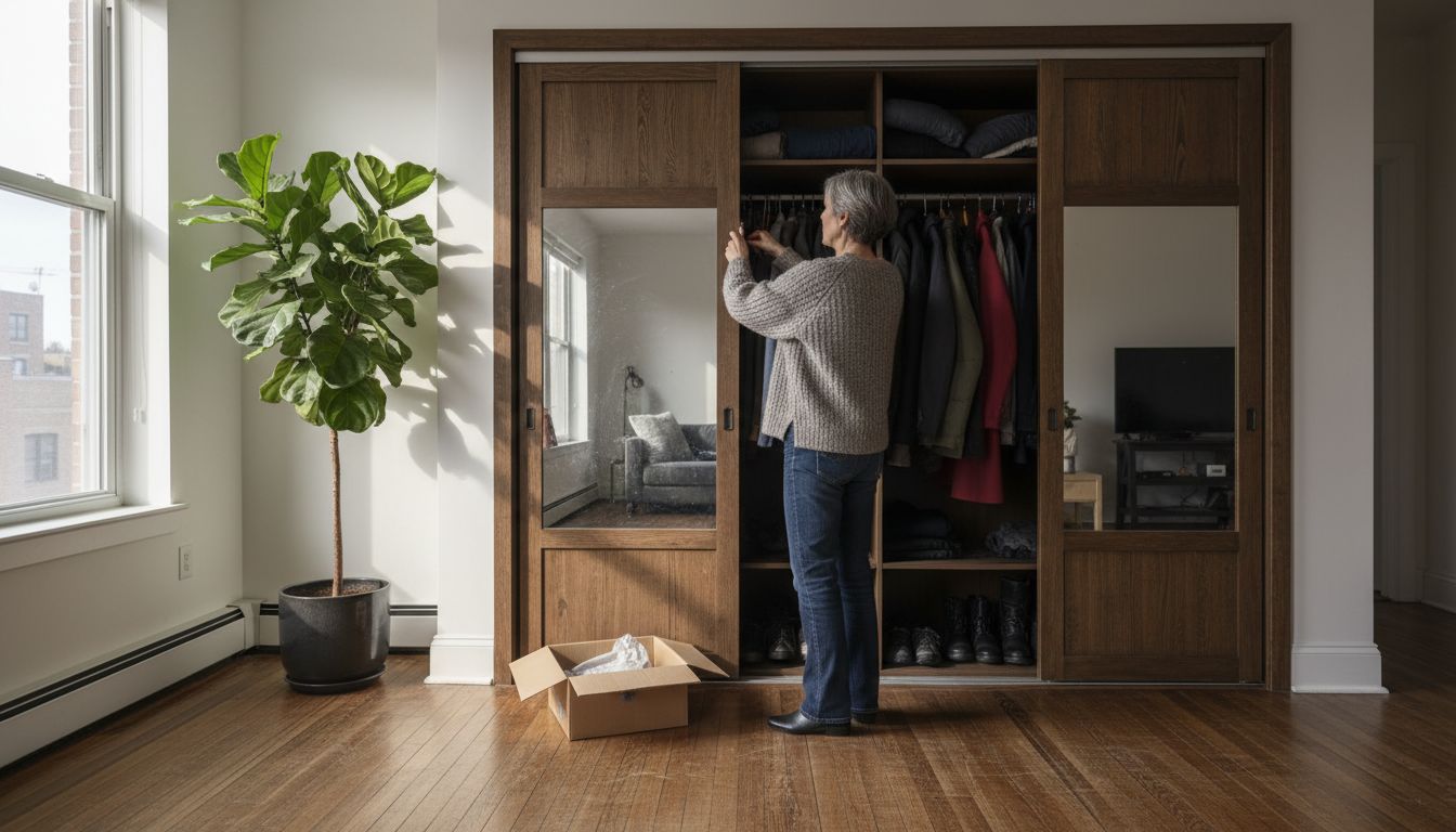 Woman arranging coats in built-in wardrobe