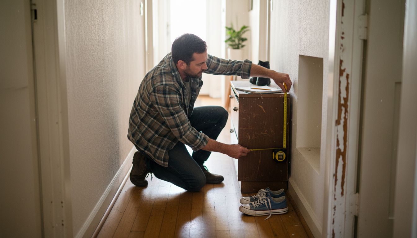 Man measuring built-in closet recess