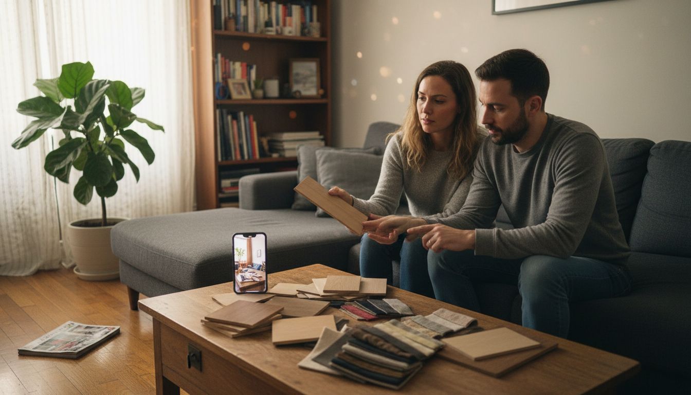 Couple selecting furniture materials at home