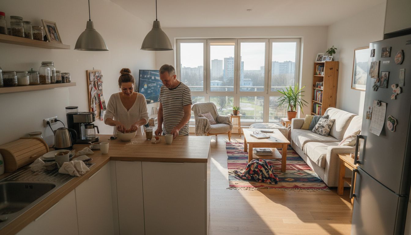 Para wspólnie przygotowuje śniadanie w otwartej kuchni połączonej z salonem.