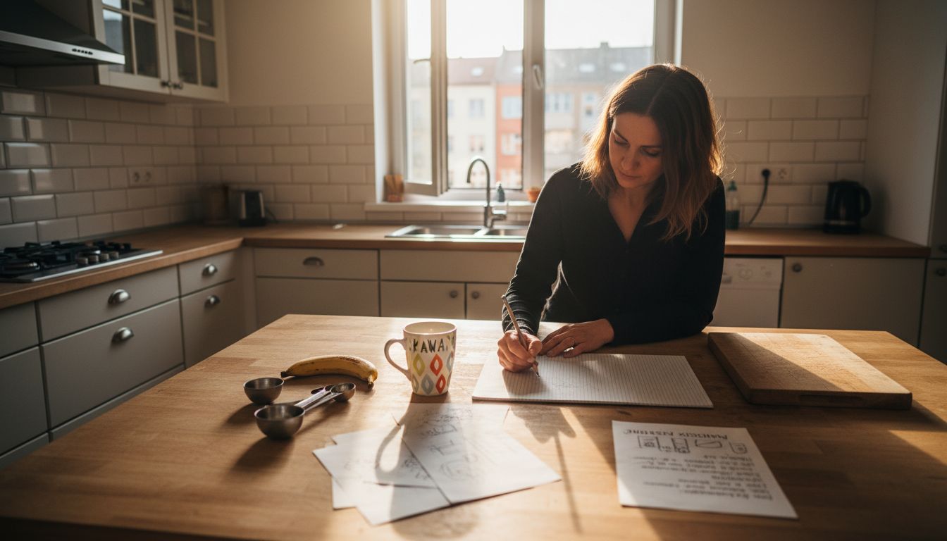 Kobieta zastanawia się nad rozplanowaniem kuchni, siedząc przy wyspie kuchennej.