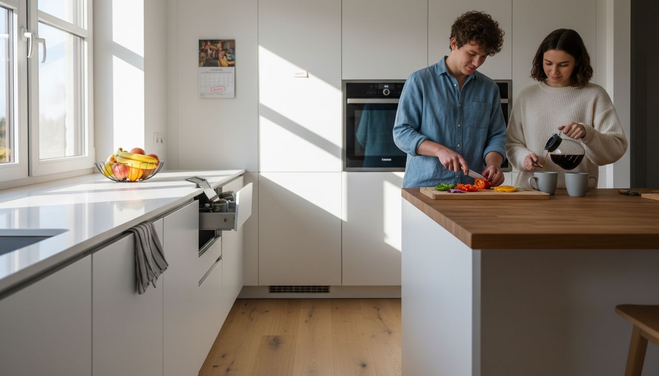 Para wspólnie przygotowuje śniadanie w nowoczesnej, praktycznie urządzonej kuchni.