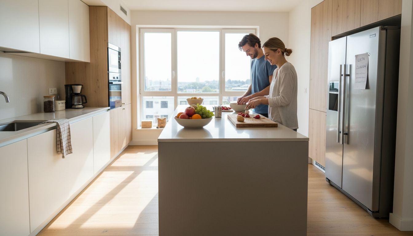 Para wspólnie gotuje w nowoczesnej, jasnej kuchni.