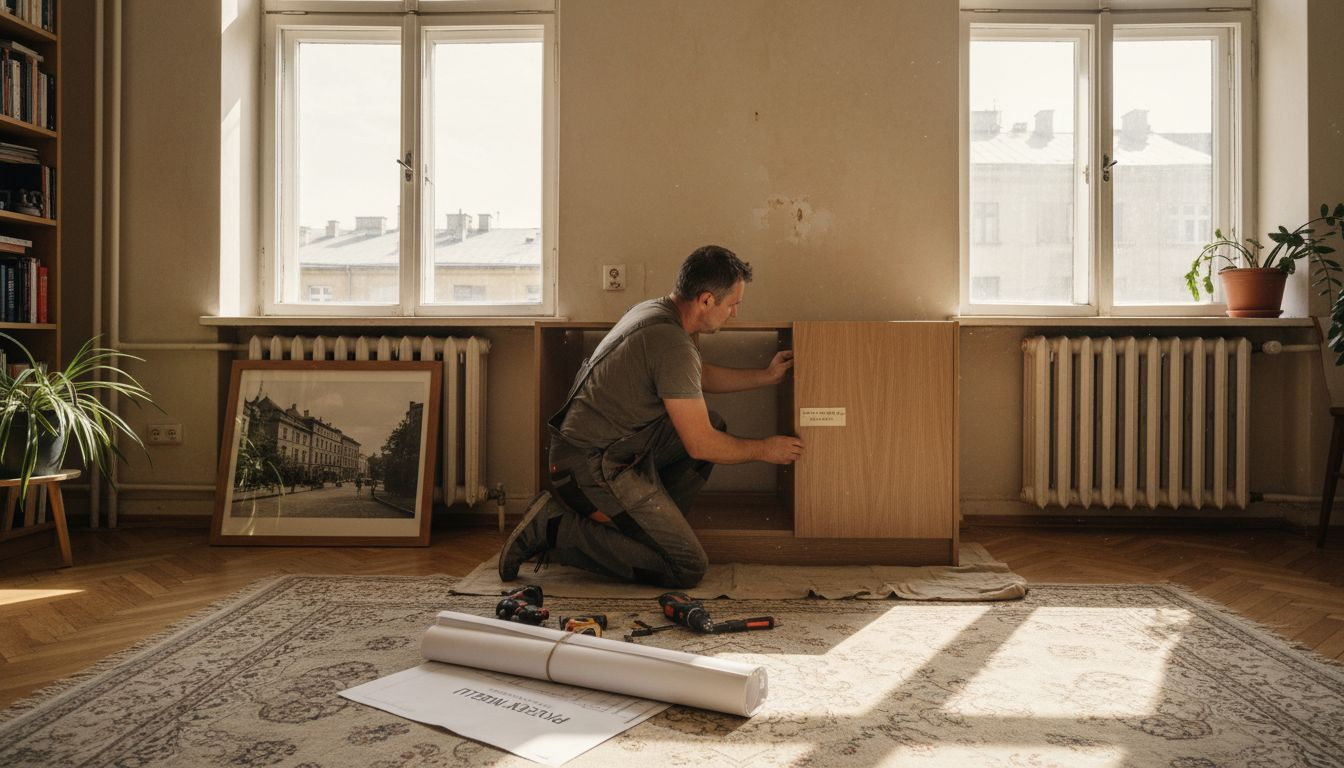 Mężczyzna montuje na zamówienie szafkę w swoim mieszkaniu.