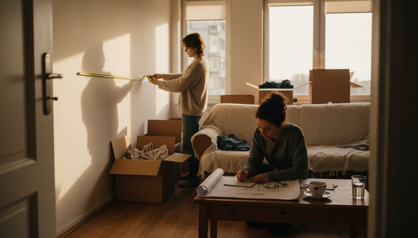 Para z miarką sprawdza wymiary ściany, planując zamówienie mebli na wymiar.