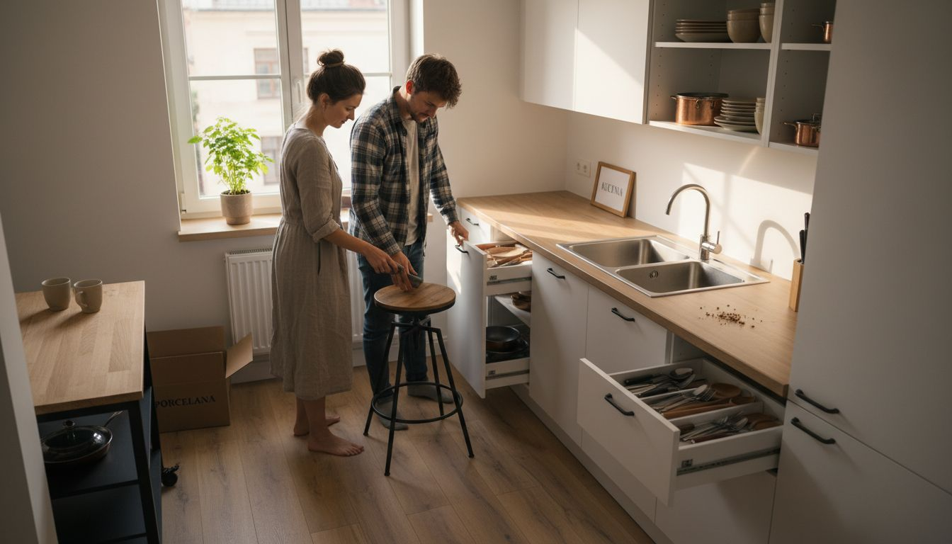 Para urządza kuchnię w nowoczesnym mieszkaniu, wspólnie ustawiając meble i dodatki.