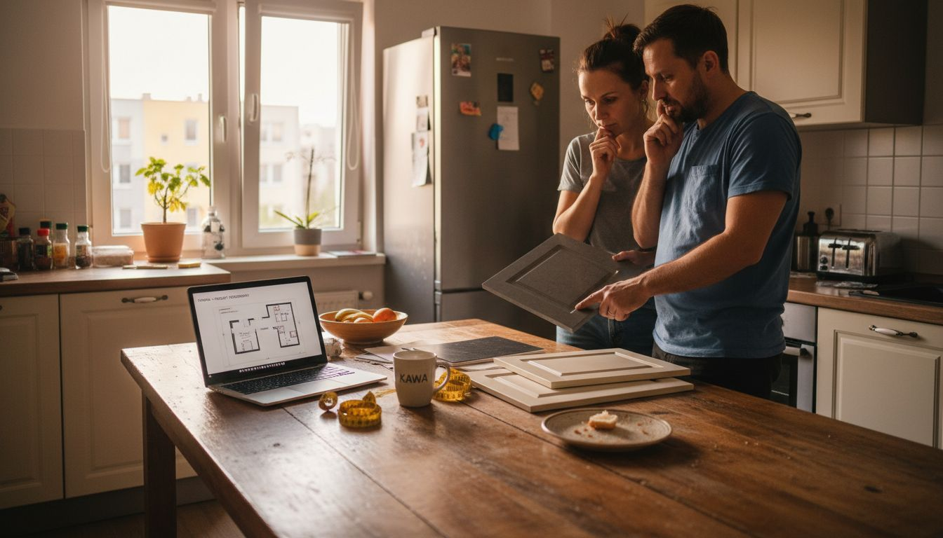 Para wybiera materiały do kuchni, przeglądając próbki i zastanawiając się nad najlepszymi rozwiązaniami.