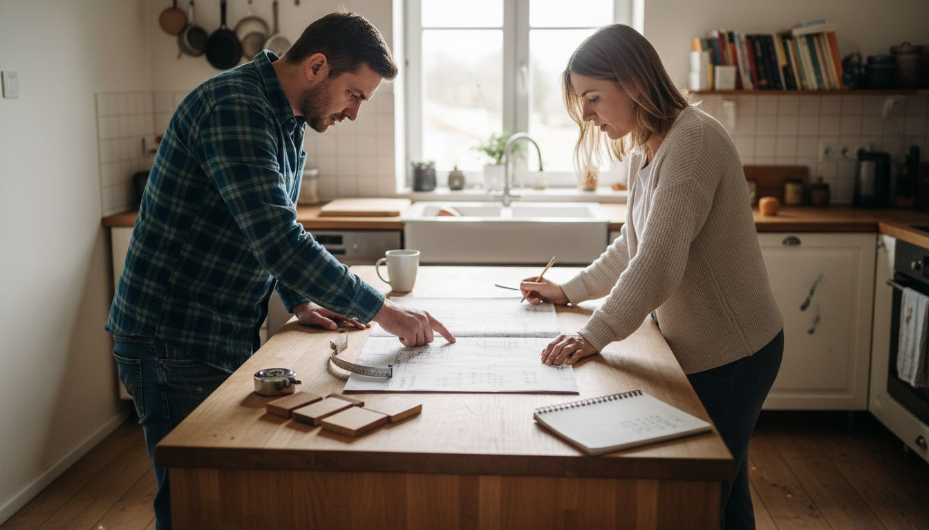 Para wspólnie zastanawia się nad zaprojektowaniem mebli kuchennych na wymiar.
