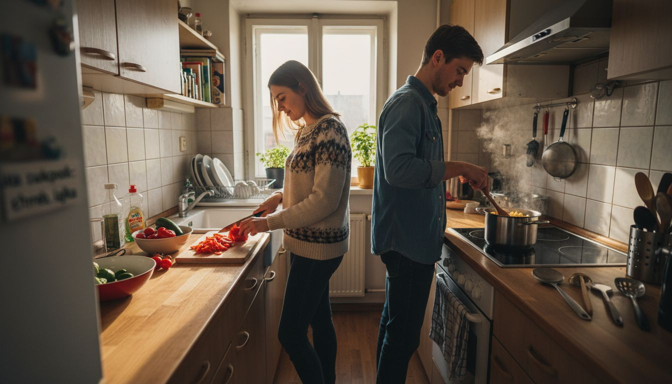 Para wspólnie gotuje w niewielkiej, wąskiej kuchni z dwoma blatami po bokach.