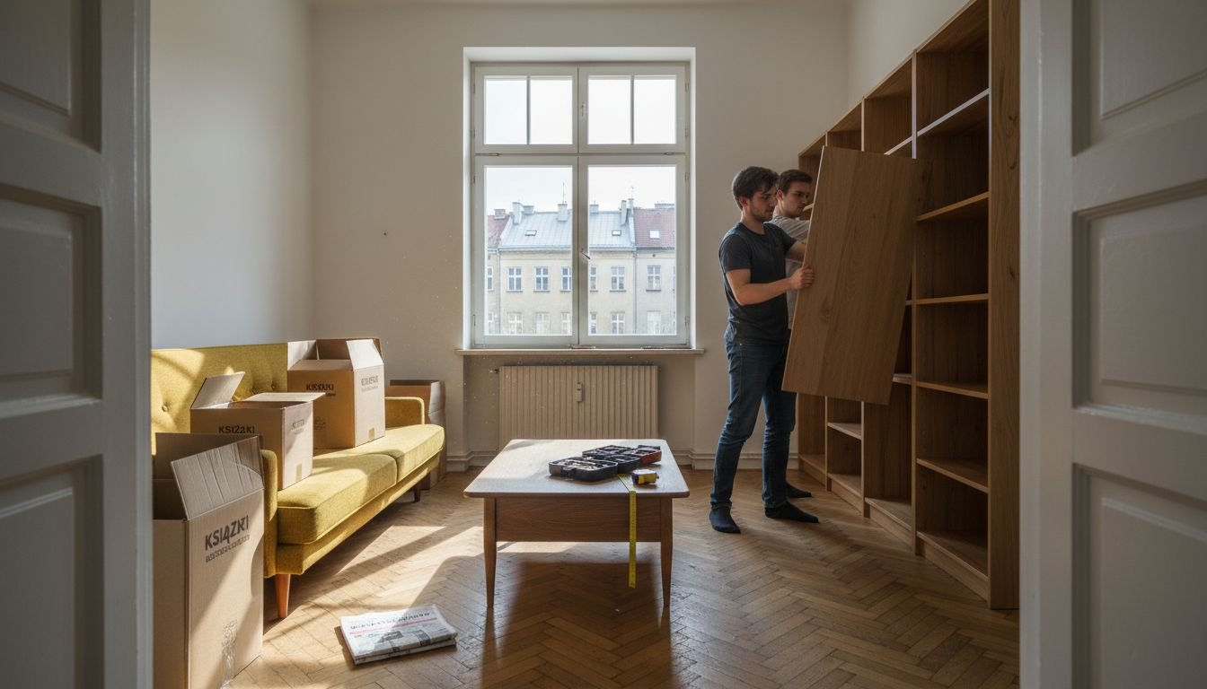 Para wspólnie składa meble na zamówienie w salonie, ciesząc się wspólnym czasem i satysfakcją z własnoręcznej pracy.