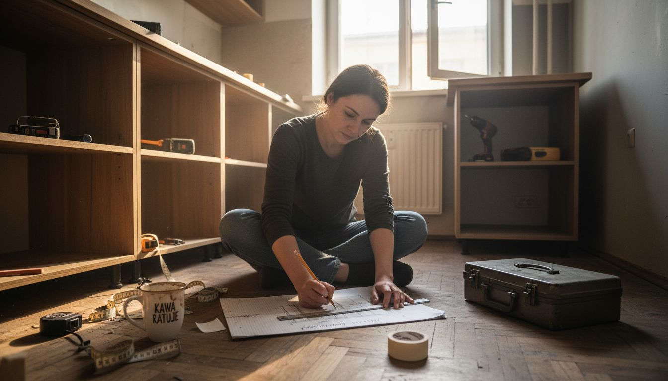 Projektant rozrysowuje układ kuchni bezpośrednio na podłodze