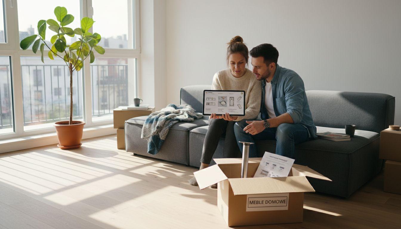 Para wspólnie wybiera nowoczesne meble, korzystając z tabletu.