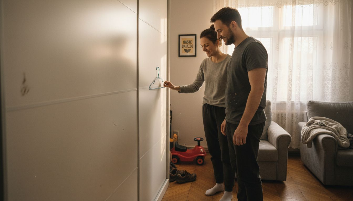 Para korzysta z szafy z drzwiami przesuwnymi w swoim mieszkaniu.