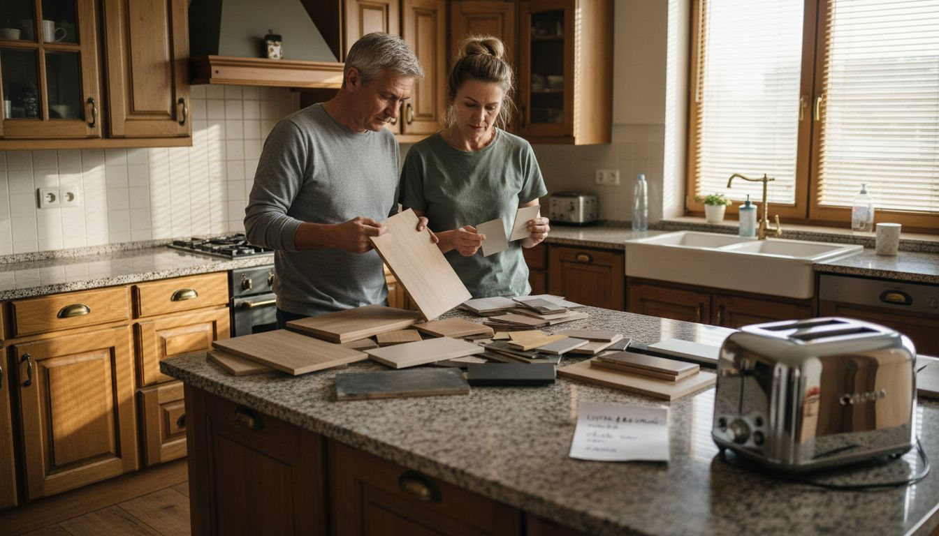 Para wybiera razem próbki materiałów do nowej kuchni, porównując różne opcje i zastanawiając się, która najlepiej pasuje do ich wnętrza.
