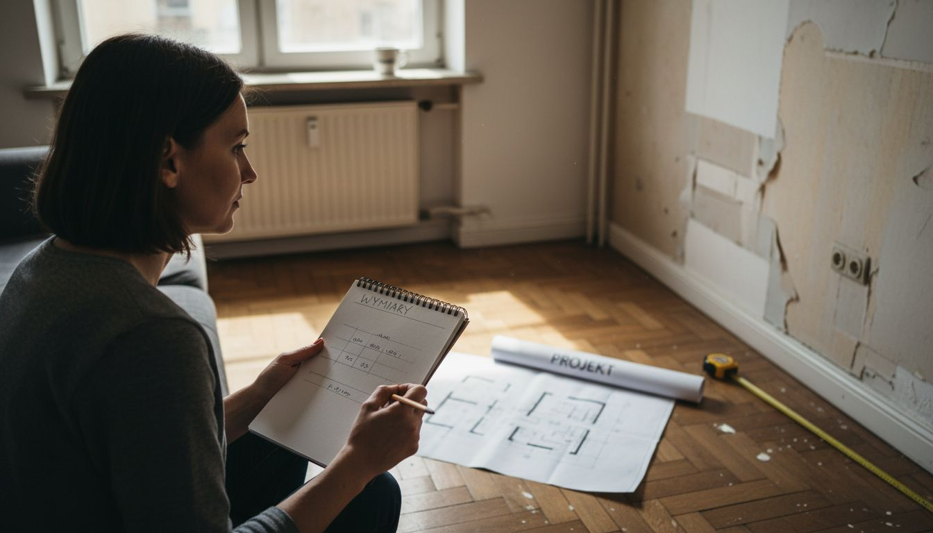 W pokoju kobieta rozrysowuje projekt mebli robionych na zamówienie.