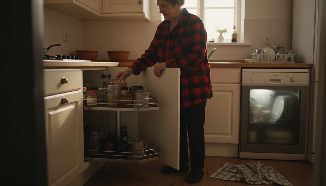 Kobieta sięga do szafki narożnej w kuchni.
