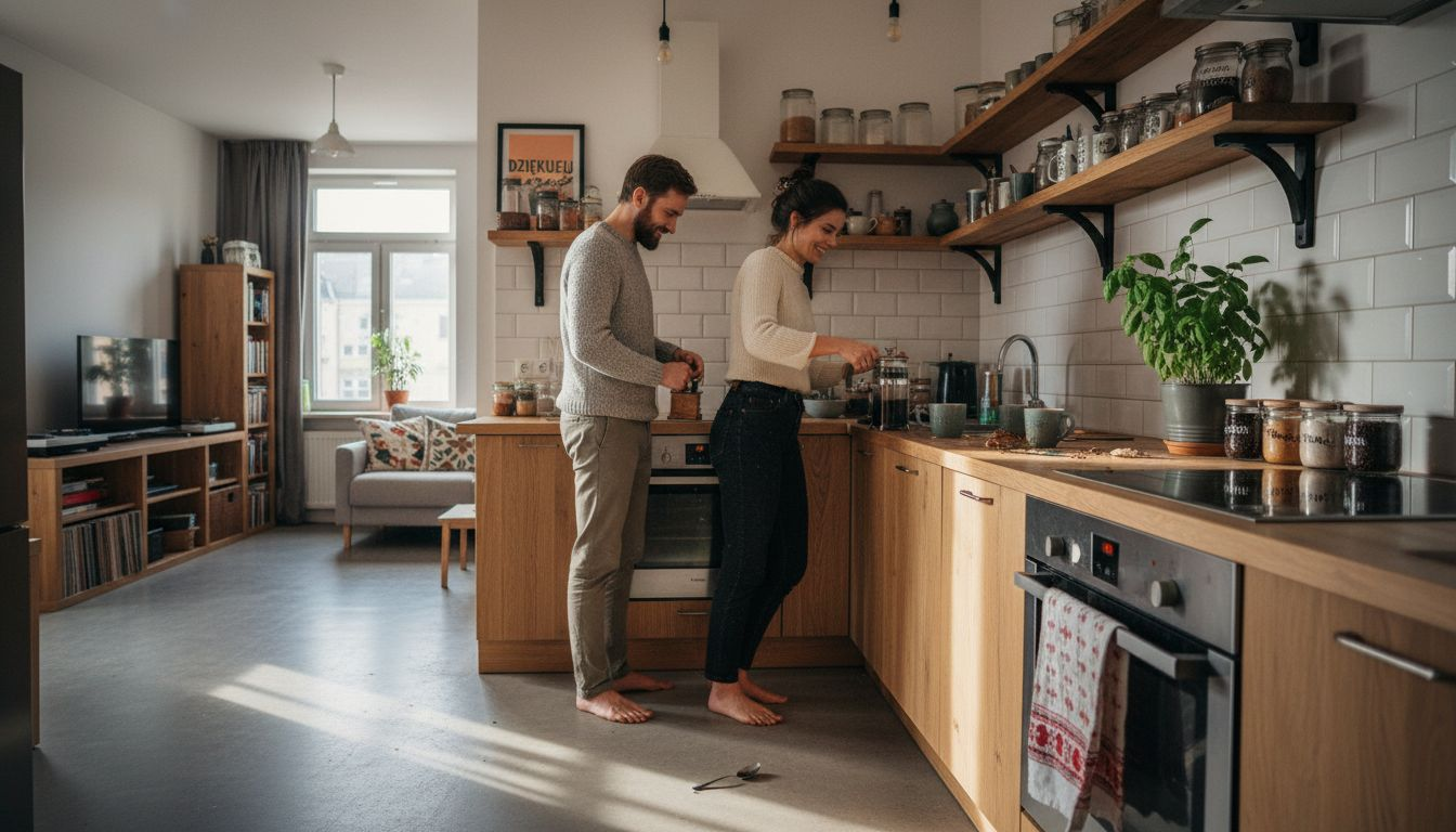 Para szykuje kawę w kuchni z zabudową w kształcie litery L.