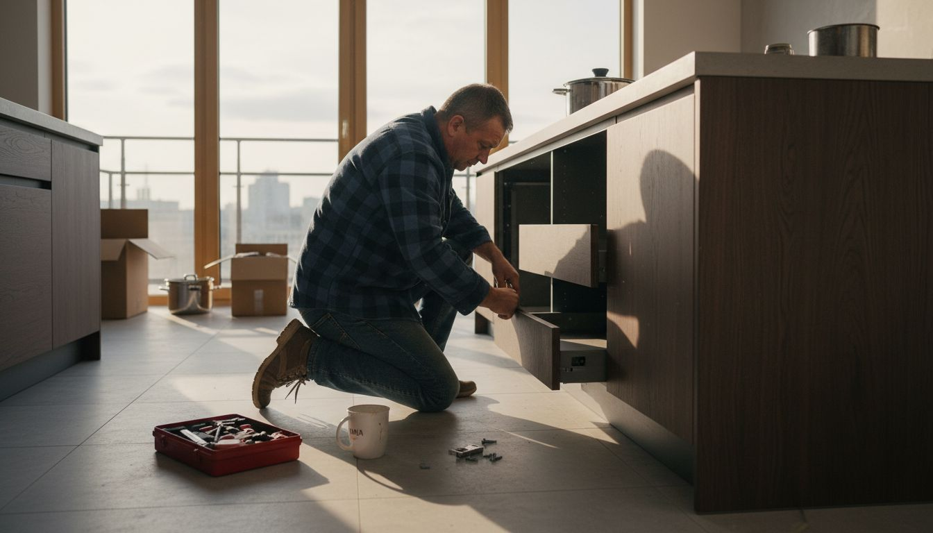 Doświadczony stolarz montuje nowoczesne meble kuchenne.