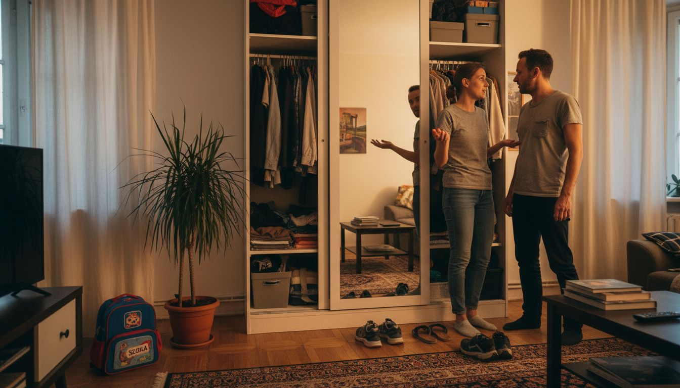Para ogląda szafę wnękową podczas zwiedzania mieszkania.