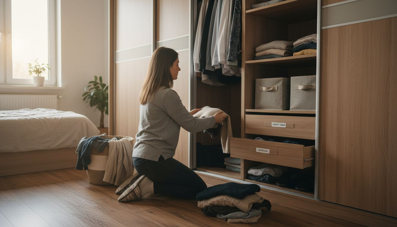 Kobieta porządkująca swoje ubrania w otwartej szafie