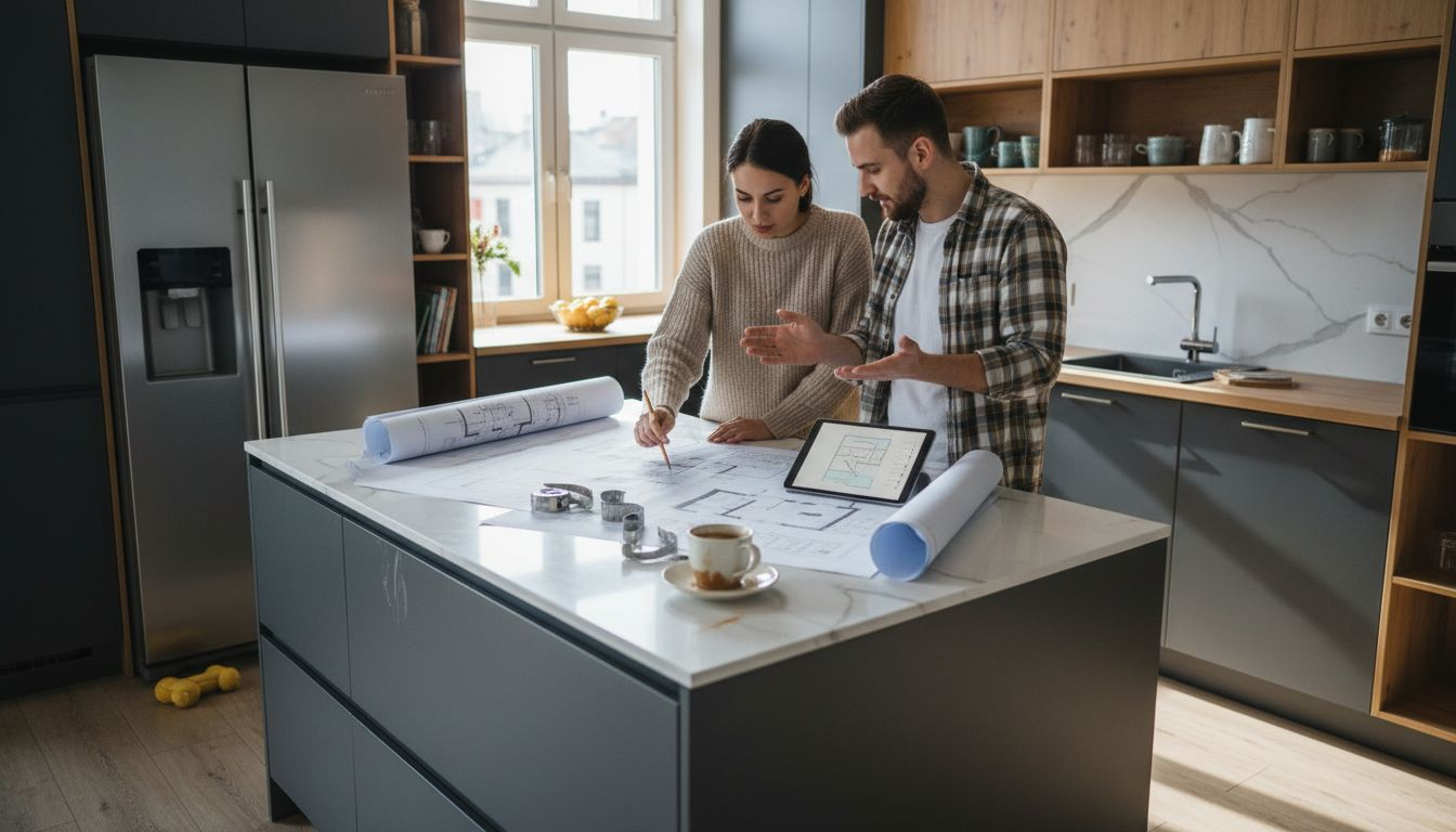 Para wspólnie planuje nową aranżację kuchni, analizując szczegółowe rysunki i projekty.
