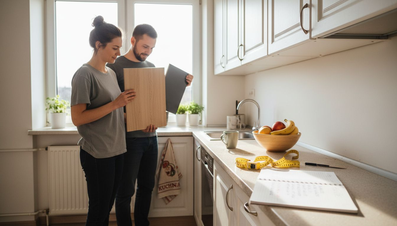 Para wybiera wspólnie fronty do szafek kuchennych, porównując różne próbki i zastanawiając się, która opcja najlepiej będzie pasować do ich wnętrza.