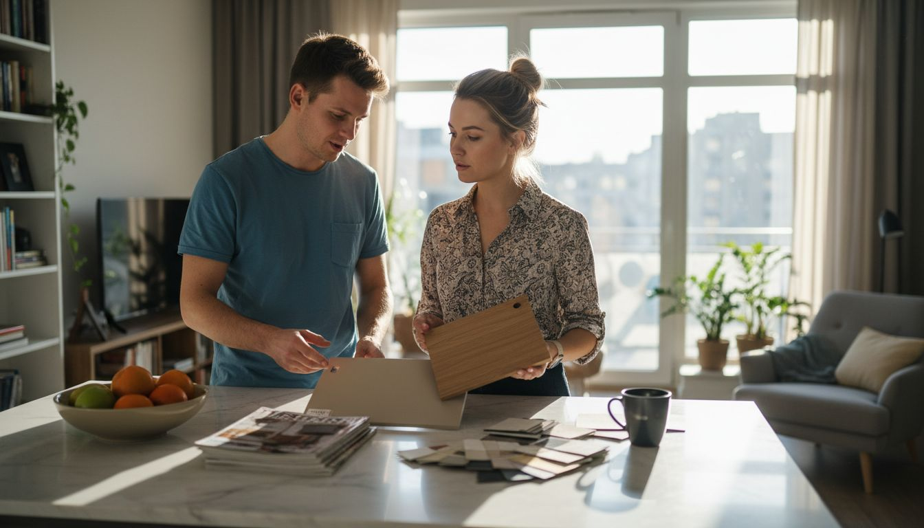 Para ogląda próbki nowoczesnych frontów kuchennych, zastanawiając się, które najlepiej sprawdzą się w ich nowej kuchni.