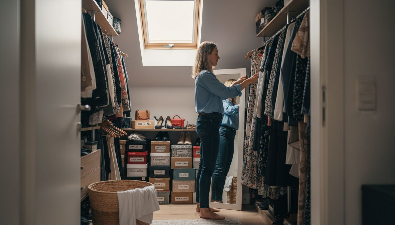 Kobieta przeglądająca zawartość swojej szafy – porównanie różnych ubrań