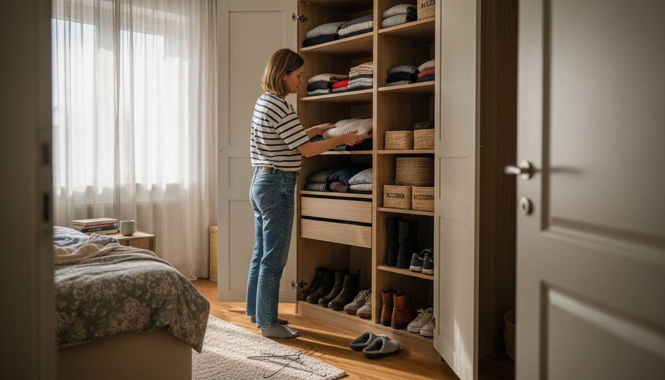 Kobieta porządkuje ubrania w swojej zabudowanej szafie.