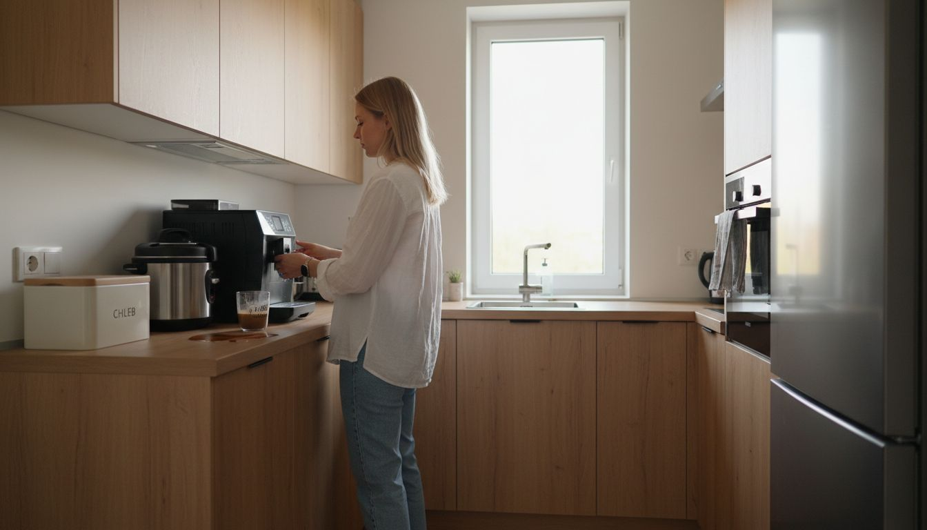 Kobieta parzy kawę w nowoczesnej kuchni wyposażonej w sprzęt do zabudowy.