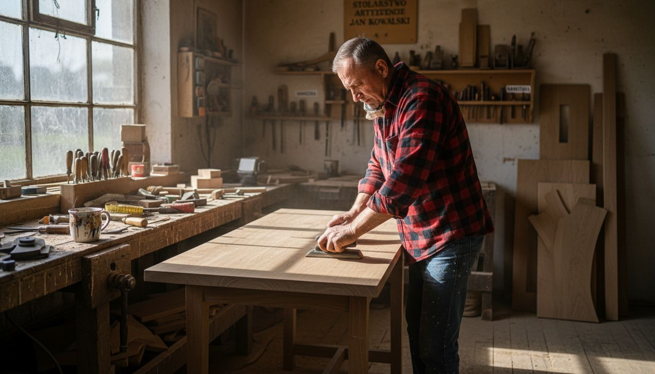 Rzemieślnik wygładza blat stołu w swoim warsztacie.
