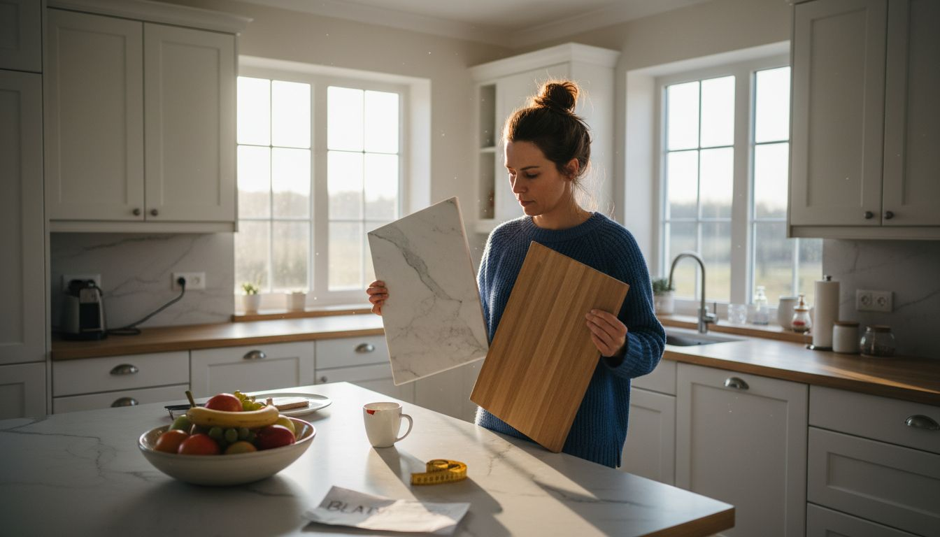 Kobieta ogląda próbki blatów kuchennych, porównując różne materiały i kolory, aby wybrać ten idealny do swojej kuchni.