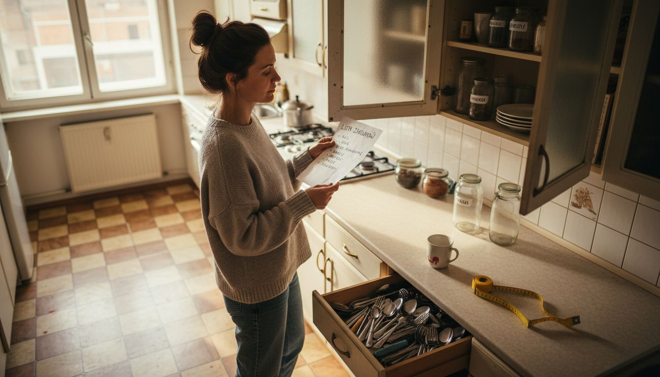Kobieta zastanawia się, jak najlepiej zaplanować praktyczne rozwiązania do przechowywania w swojej kuchni, tak aby idealnie dopasować je do własnych potrzeb.