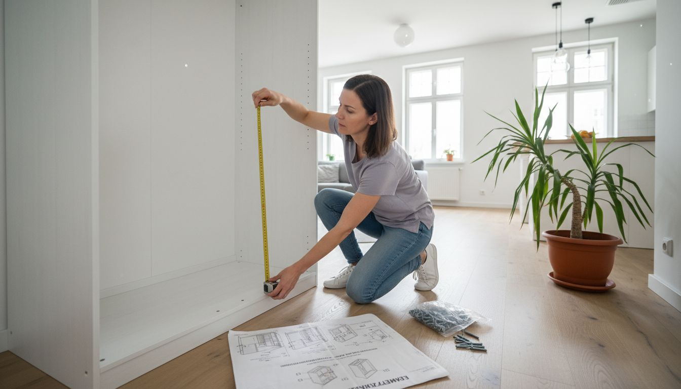 Kobieta sprawdza wymiary podczas montażu nowoczesnej szafy.