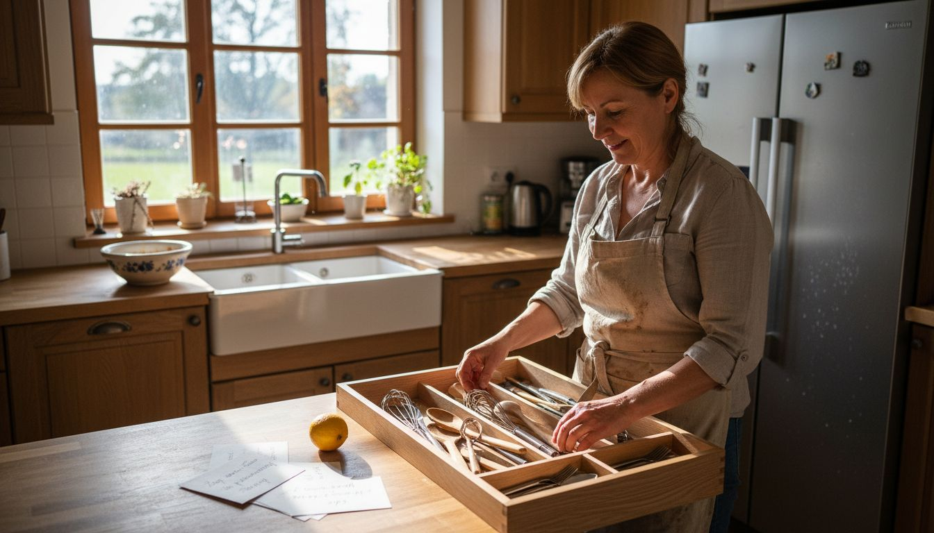 Kobieta urządza szuflady w kuchni według własnych potrzeb