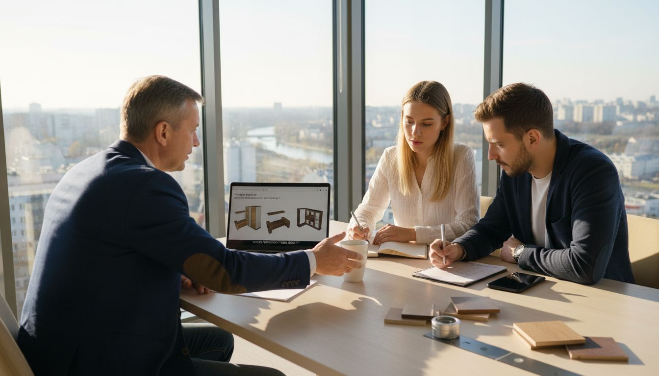 Specjalista od mebli spotyka się z klientami w swoim biurze, by omówić ich potrzeby i doradzić najlepsze rozwiązania.