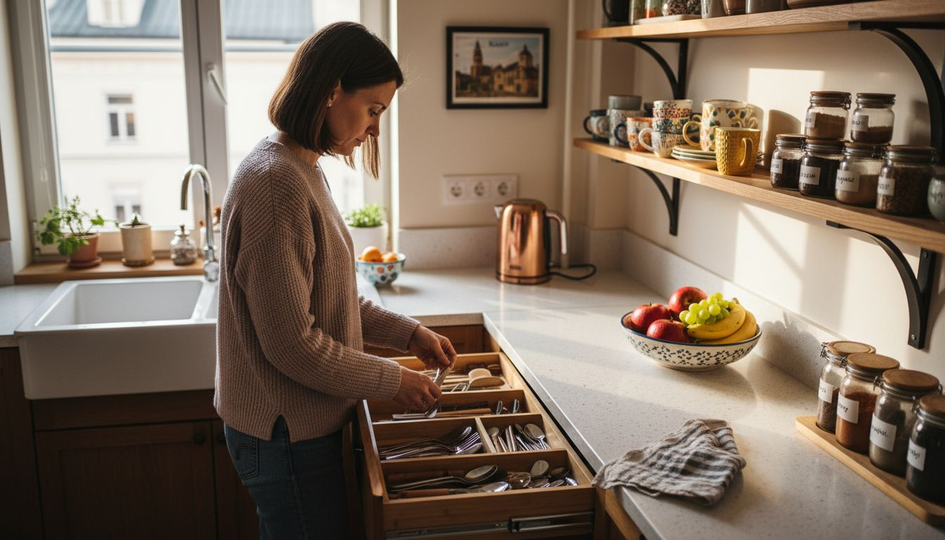 Kobieta porządkująca praktyczne akcesoria kuchenne
