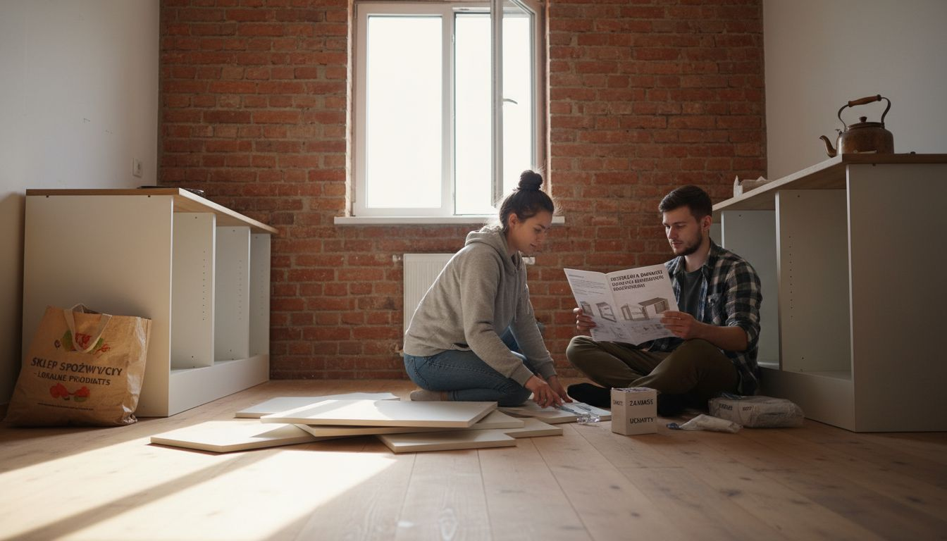 Małżeństwo rozpakowuje właśnie nowe modułowe meble kuchenne.