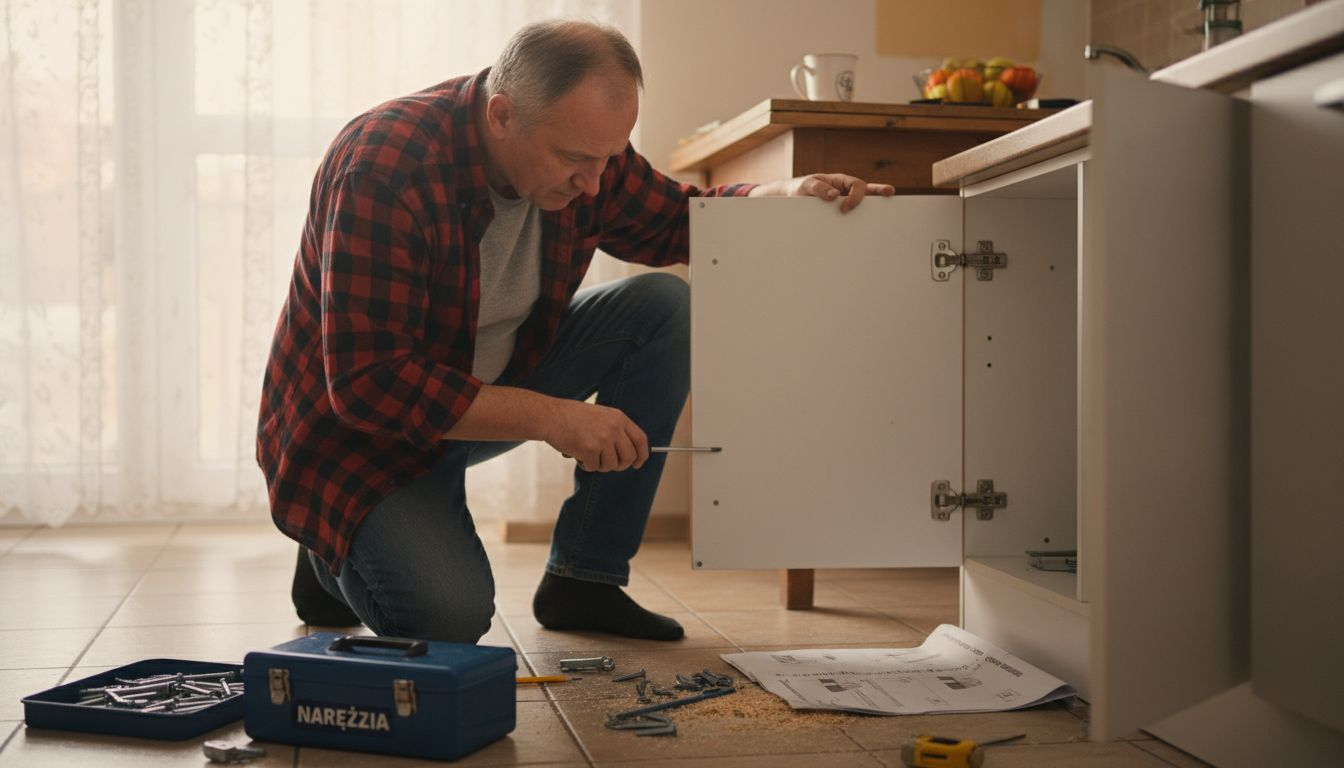 Stolarz montuje uchwyty do szafek kuchennych