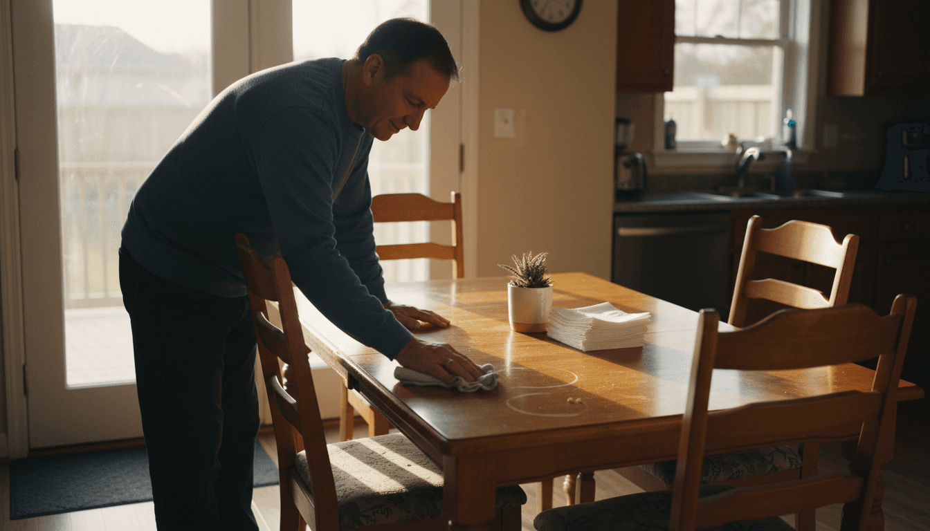 Mężczyzna wyciera drewniany stół w swoim domu.