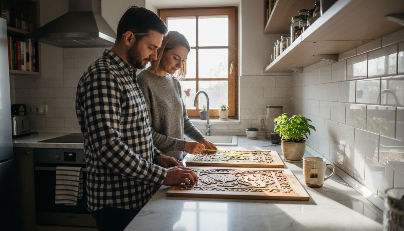 Para wspólnie wybiera drewniane dodatki do kuchni, zastanawiając się, które elementy najlepiej podkreślą ciepły charakter wnętrza.