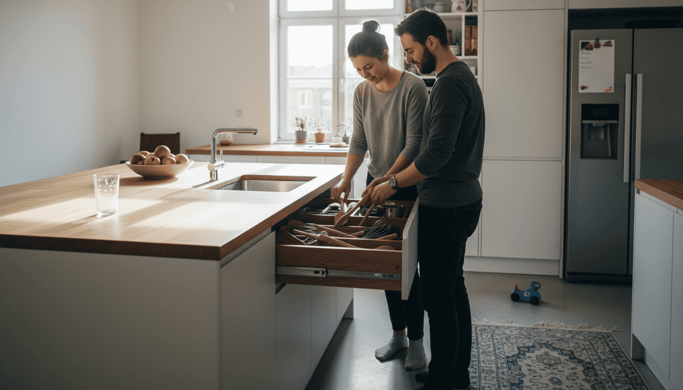 Para układa sztućce w nowoczesnej, zaprojektowanej na zamówienie kuchni.