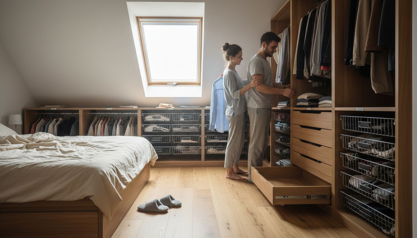 Małżeństwo stojące przy praktycznej szafie w zabudowie