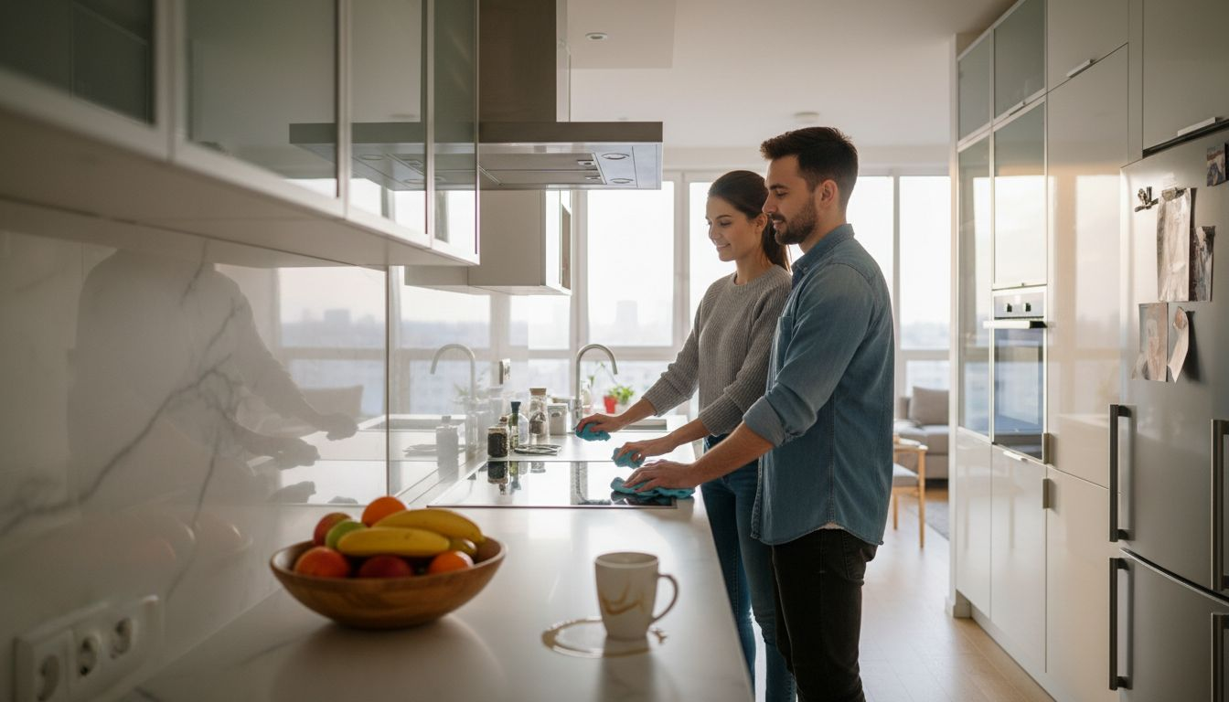Para wspólnie sprząta szklane powierzchnie w nowoczesnej kuchni, dbając o porządek i blask.