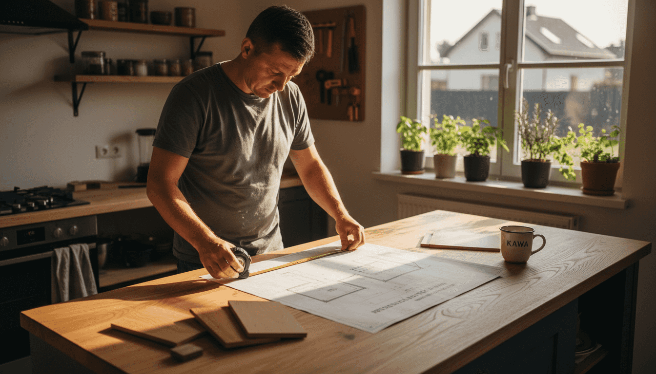 Stolarz dokładnie wymierza projekt kuchennych szafek na zamówienie.