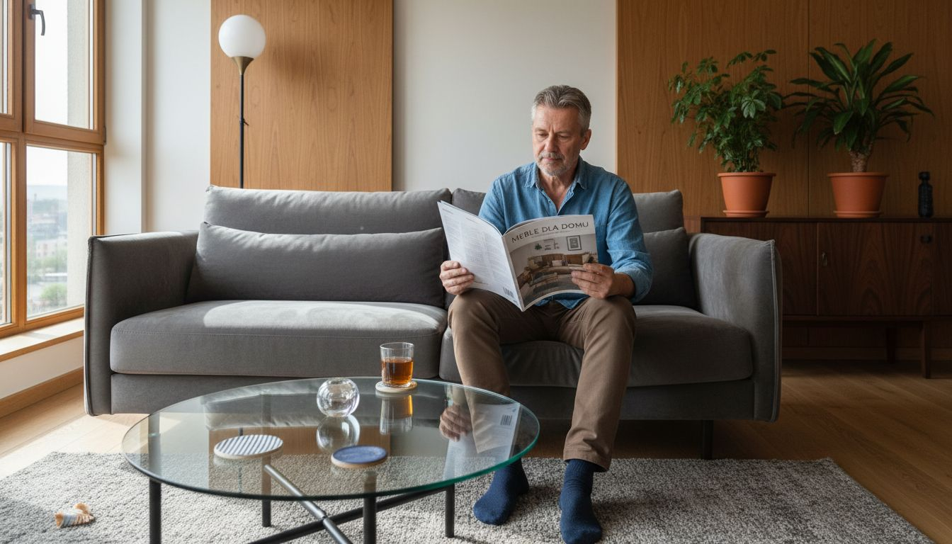 Mężczyzna w nowoczesnym salonie z fornirowanymi meblami