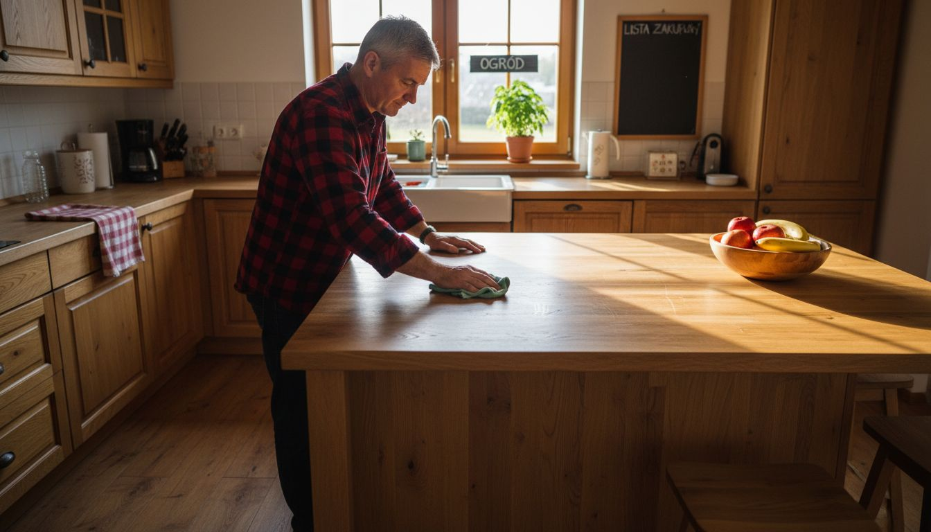 Kuchnia z drewnianymi szafkami, w której naprawdę się żyje