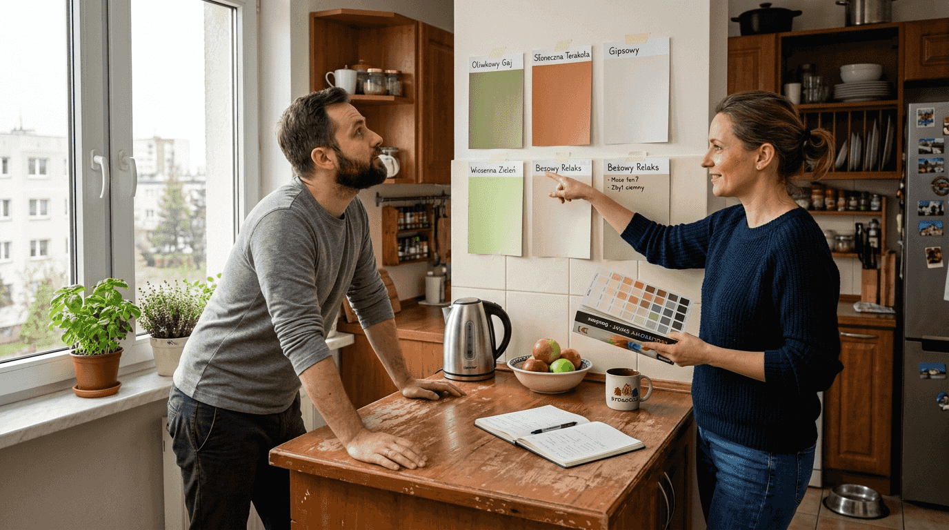 Para zastanawia się, jakie kolory wybrać do swojej kuchni w nowym mieszkaniu.